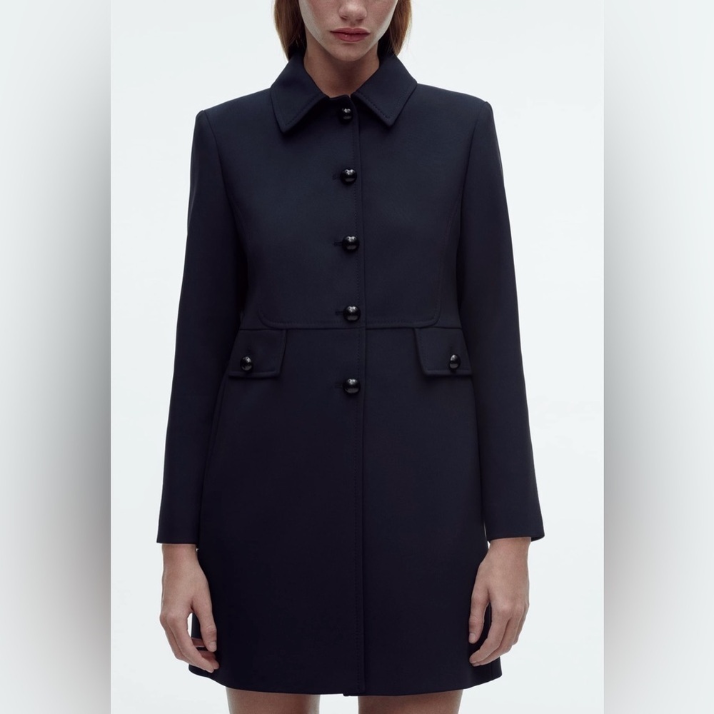 Zara Navy Blue Luxury Lapel Collar Long Sleeves Short Pocket Coat Size Medium